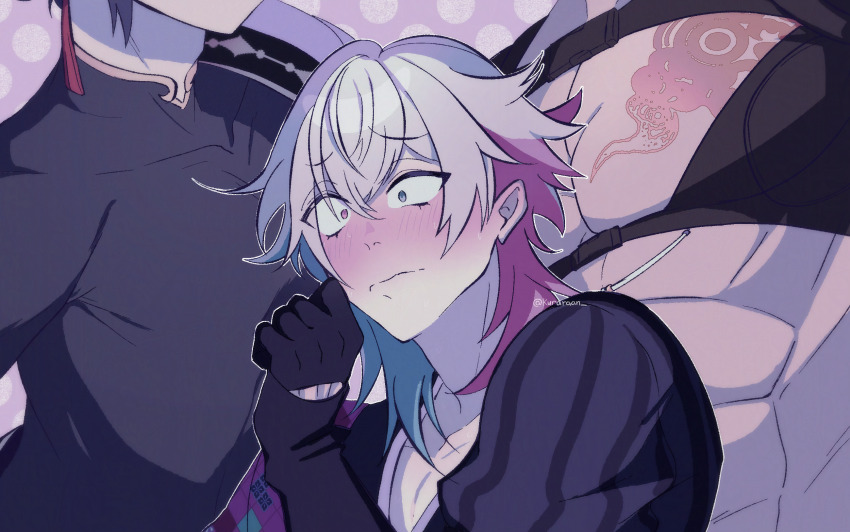 3boys, abs, banzoin_hakka, black_gloves, blue_eyes, blue_hair, blush, chest_tattoo, clenched_hand, closed_mouth, commentary, embarrassed, english_commentary, flustered, gavis_bettel, gloves, grey_hair, hands_up, highres, holostars, holostars_english, implied_yaoi, josuiji_shinri, kuraraan, large_pectorals, looking_ahead, medium_hair, multicolored_hair, multiple_boys, muscular, muscular_male, outline, pectorals, pink_eyes, pink_hair, polka_dot, polka_dot_background, portrait, shirt, sweat, tattoo, tight_clothes, tight_shirt, twitter_username, virtual_youtuber, wavy_mouth, white_outline, wide-eyed