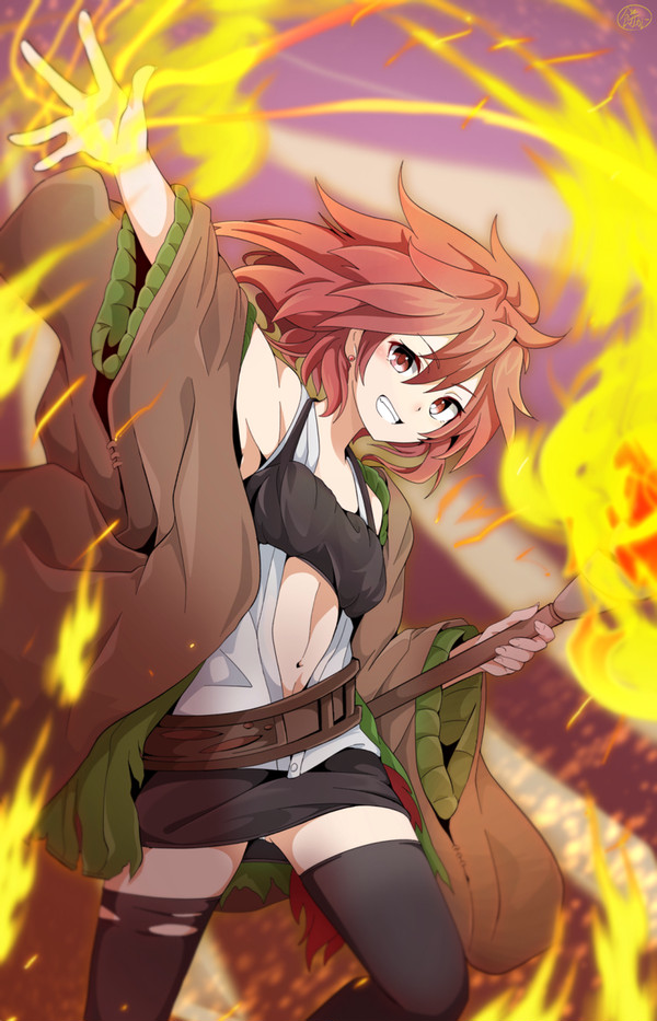 1girl, arm_up, bare_shoulders, belt, duel_monster, feet_out_of_frame, fire, hiita