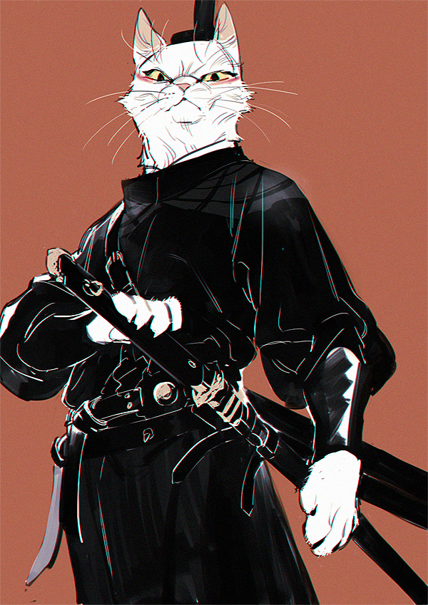 animal, animal_focus, arm_at_side, arm_guards, belt, bing_li, black_hat, black_robe, cat, chinese_clothes, closed_mouth, clothed_animal, colored_sclera, cowboy_shot, da_li_si_rizhi, da_li_si_rizhi_(white_cat_of_legend), eyeliner, fighting_stance, frown, hand_up, hat, jian_(weapon), long_sleeves, looking_at_viewer, makeup, male_focus, puffy_long_sleeves, puffy_sleeves, ready_to_draw, red_background, robe, shishio_(shishio5431), simple_background, solo, sword, weapon, yellow_sclera