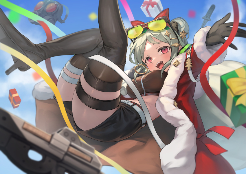 1girl, absurdres, black_boots, black_gloves, black_shorts, black_thighhighs, boots, bow