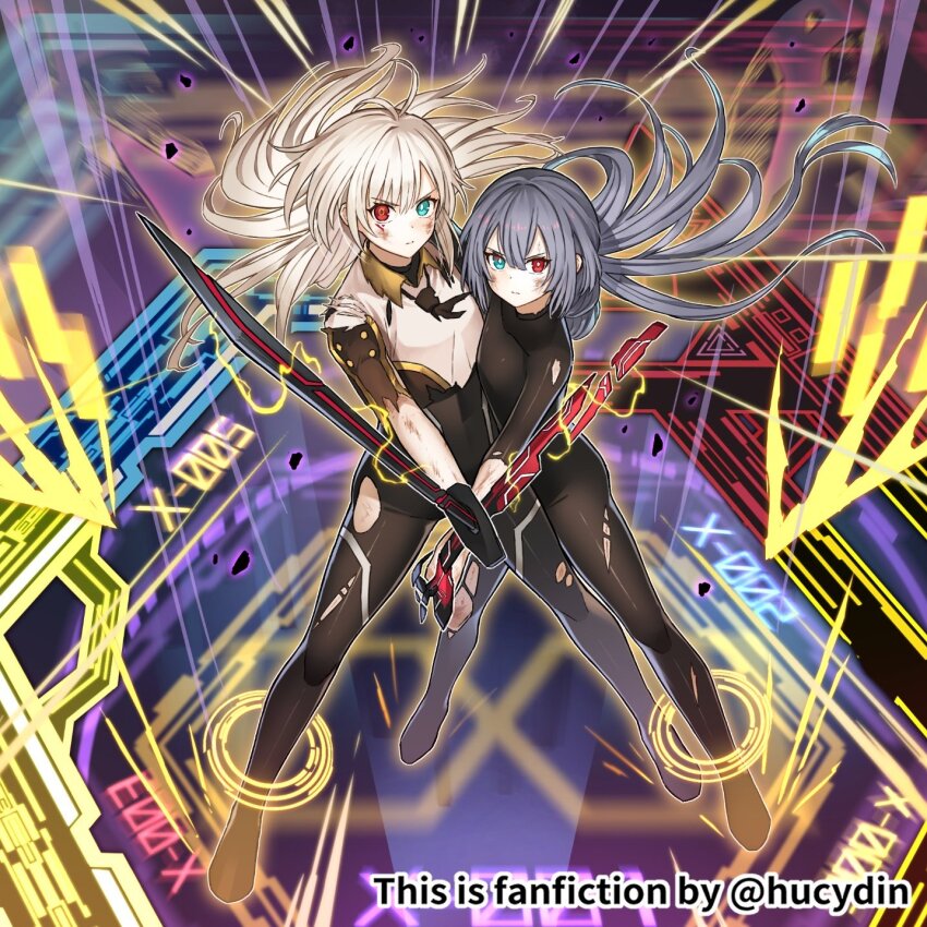 2girls, black_necktie, blonde_hair, bodysuit, breasts, brown_necktie, circuit_board, collared_dress