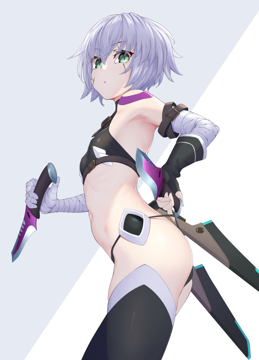 1girl, absurdres, arm_belt, ass, bandaged_arm, bandages, bare_shoulders, black_panties