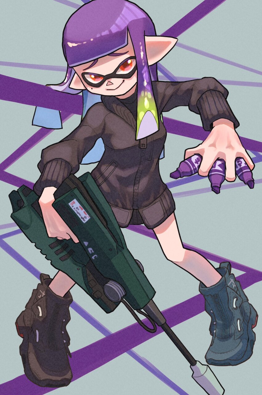 1girl, angle_shooter_(splatoon), black_shoes, black_sweater, breasts, commentary_request, gradient_hair, green_hair