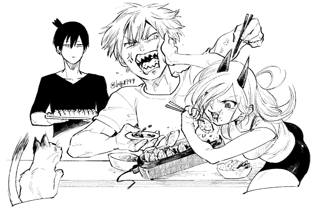 1girl, 2boys, :t, anger_vein, black_shorts, cat, chainsaw_man, demon_horns