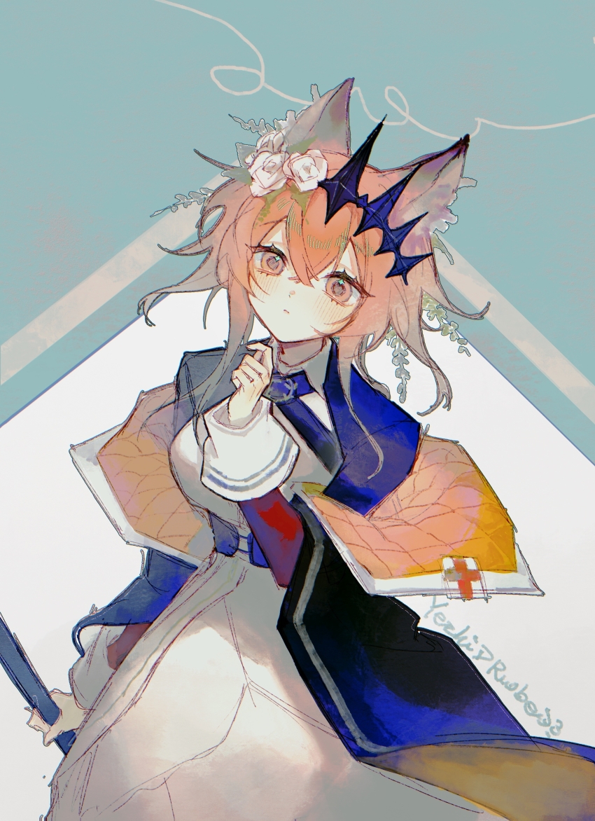 1girl, absurdres, animal_ears, arknights, artist_name, blue_jacket, brown_eyes, brown_hair, cat_ears, cat_girl, collared_dress, dress, flower, hair_between_eyes, hair_flower, hair_ornament, hand_up, highres, holding, jacket, long_sleeves, medium_hair, off_shoulder, simple_background, solo, vendela_(arknights), white_dress, white_flower, yezhi_dun_luobei