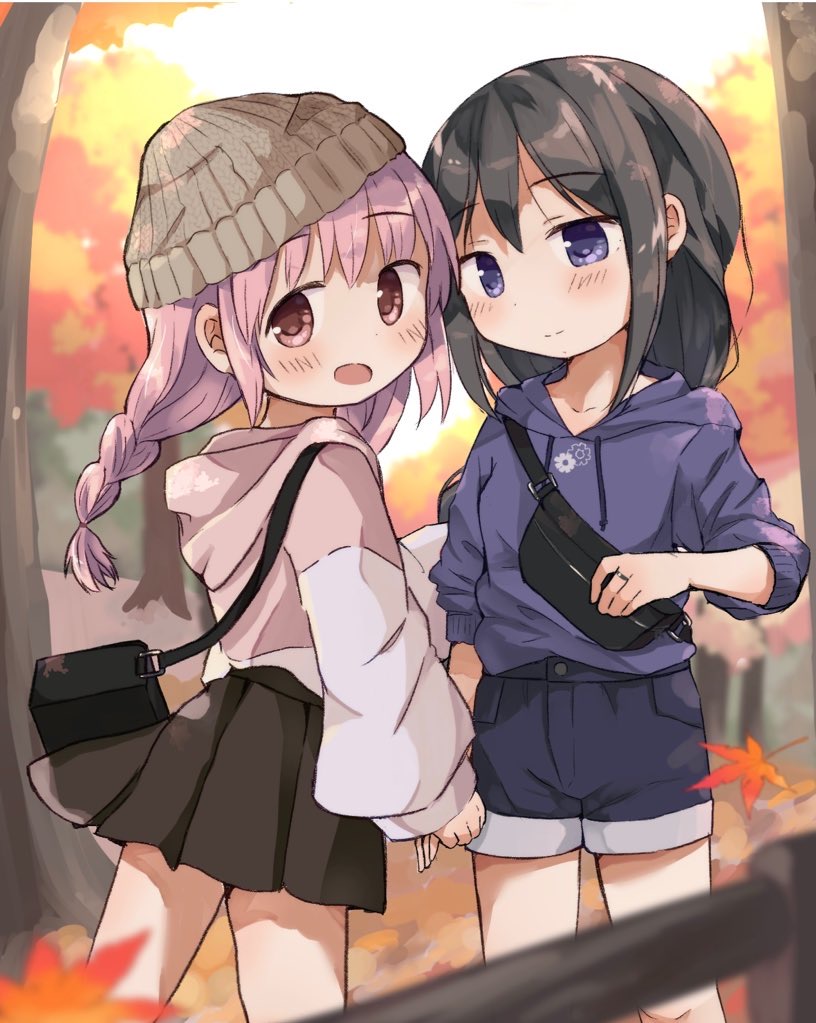 2girls, akemi_homura, autumn, black_hair, kaname_madoka, mahou_shoujo_madoka_magica, multiple_girls, open_mouth