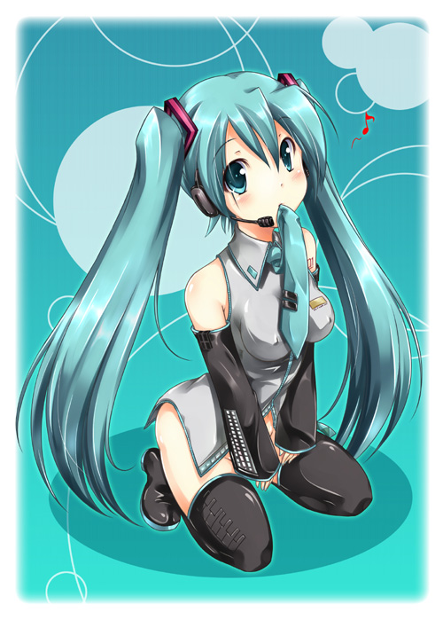 1girl, aqua_eyes, aqua_hair, black_thighhighs, blush, boots, bottomless, detached_sleeves, female_focus, fijimoto_akio, fujimoto_akio, hair_ornament, hatsune_miku, headset, impossible_clothes, impossible_shirt, kneeling, long_hair, mouth_hold, musical_note, necktie, no_panties, shirt, sleeveless, sleeveless_shirt, solo, thigh_boots, thighhighs, twintails, very_long_hair, vocaloid