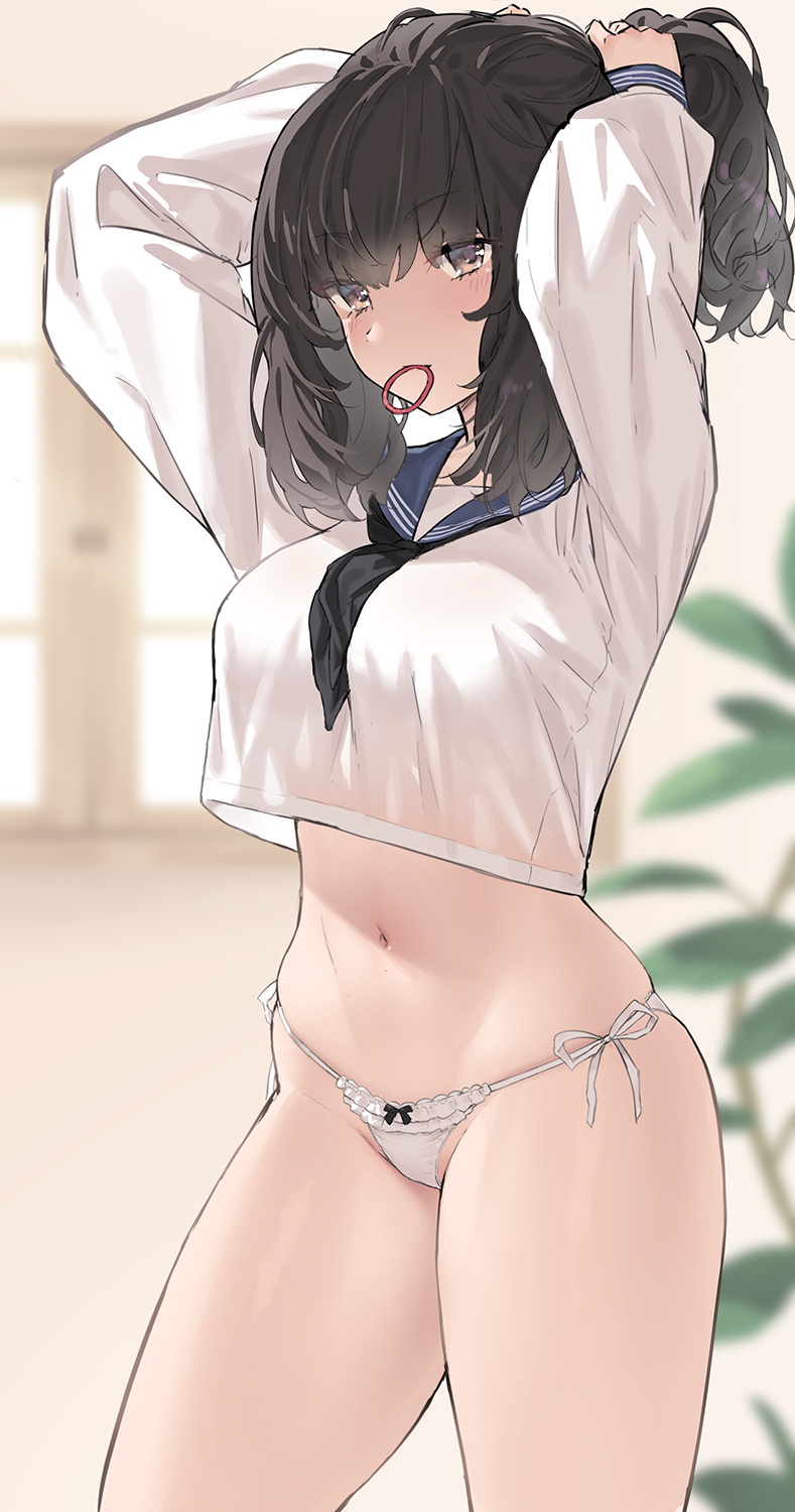 1girl, arms_behind_head, bikini, bikini_bottom_only, black_hair, blue_sailor_collar, blurry, breasts