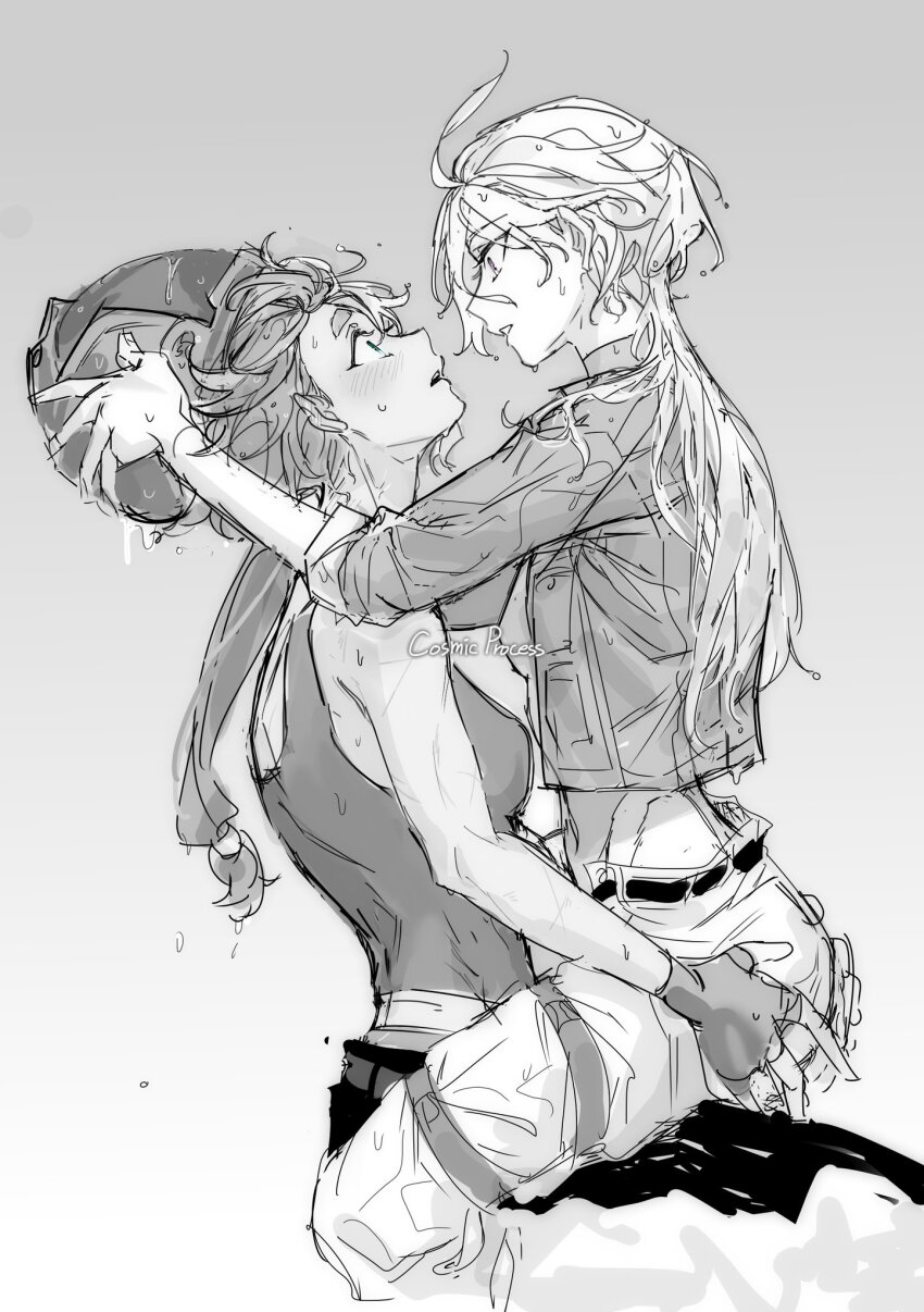 2girls, alternate_costume, bluish_gray_cat, blush, fingerless_gloves, gloves, grabbing_another's_ass, groping