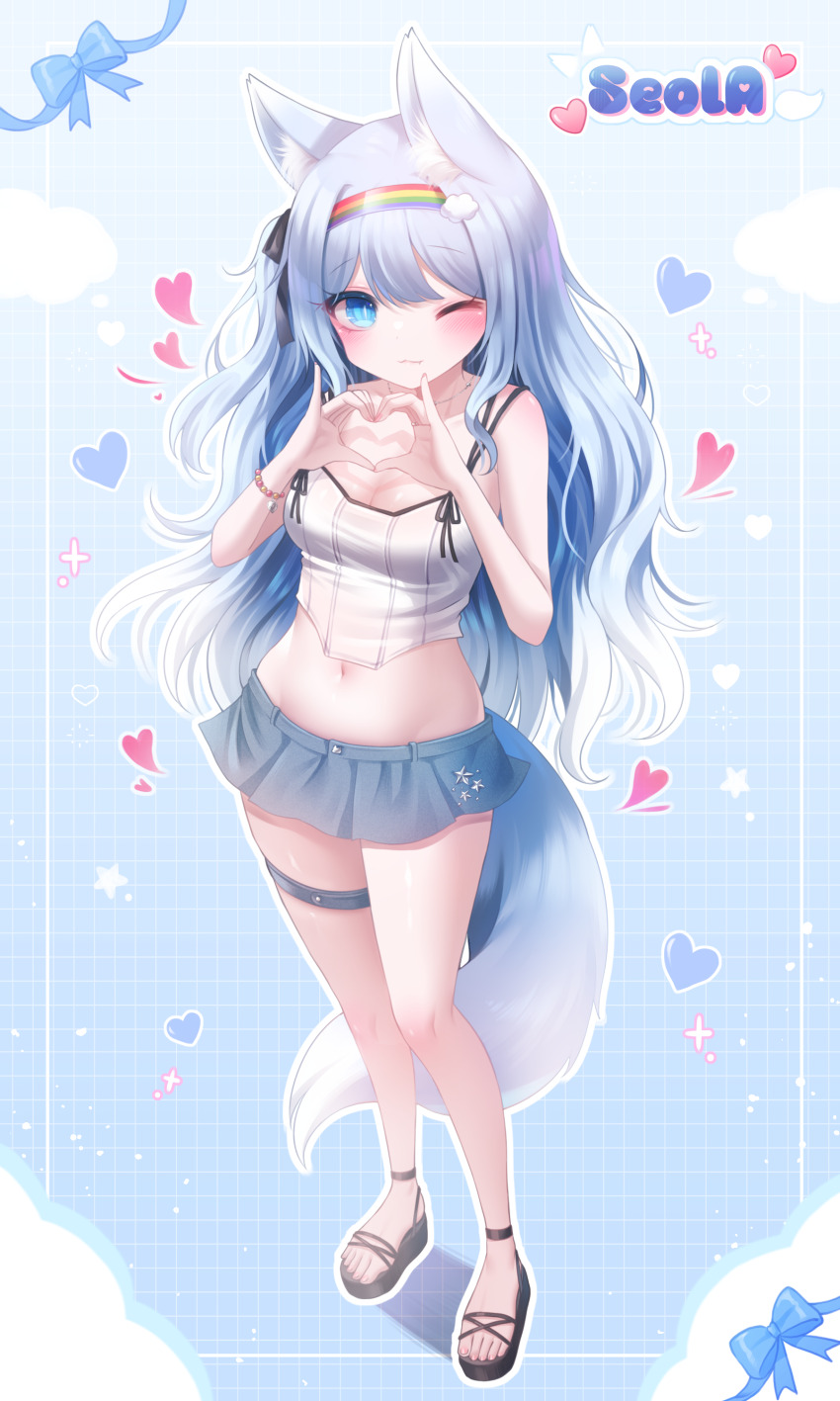 1girl, ;3, absurdres, animal_ears, bare_arms, bare_legs, bare_shoulders, blue_eyes