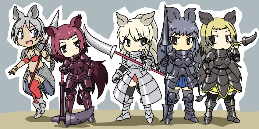 >:), 5girls, :d, animal_ears, armor, armored_boots, armored_dress, bikini_armor