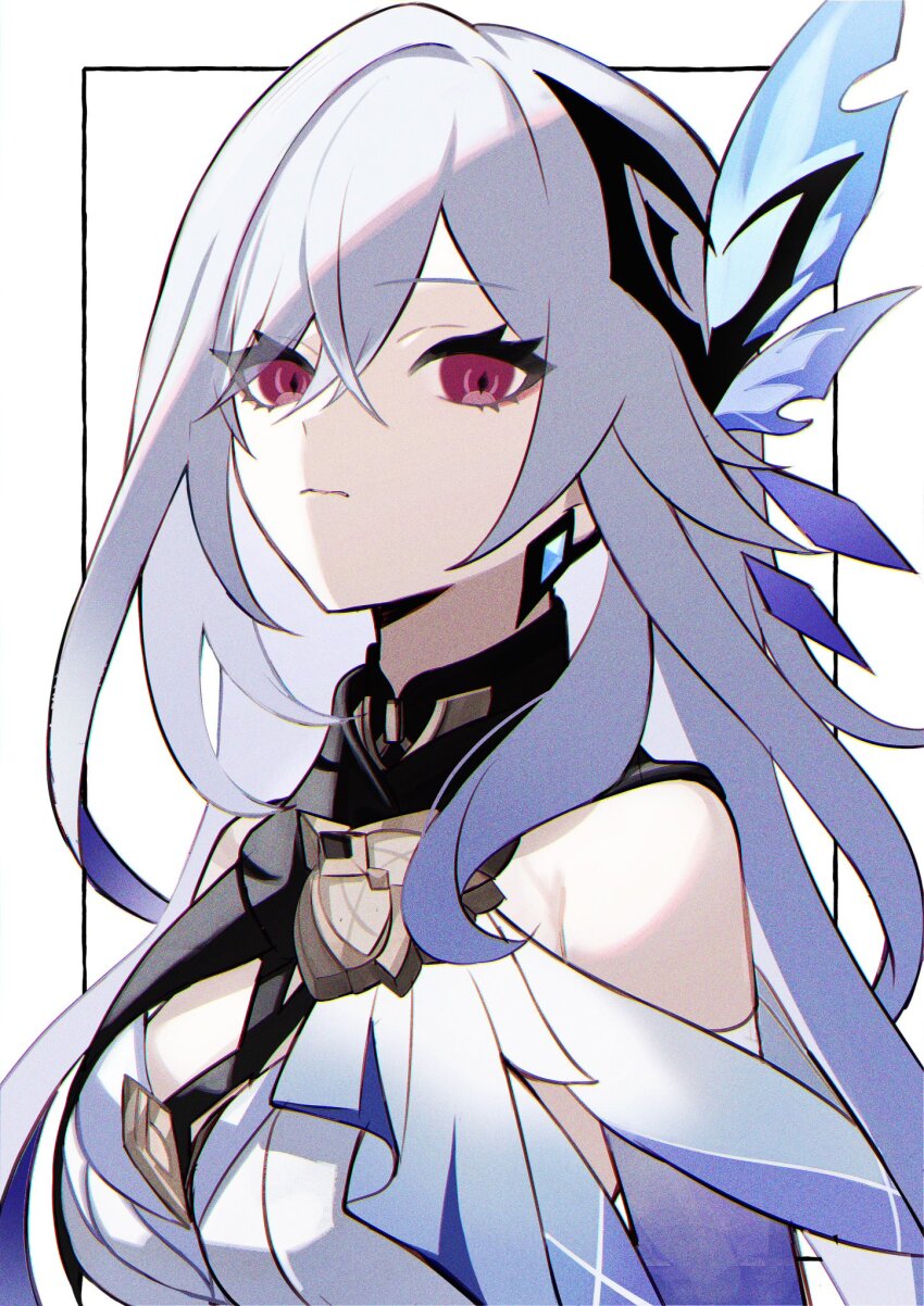 1girl, bare_shoulders, breasts, butterfly_hair_ornament, closed_mouth, detached_sleeves, expressionless, genshin_impact