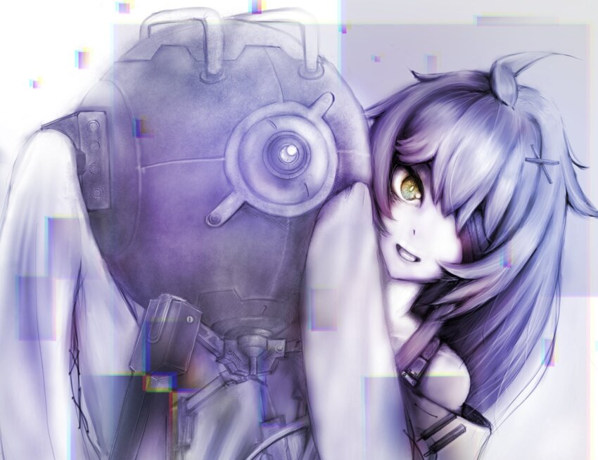 1girl, 1other, ahoge, bandage_over_one_eye, dress, hair_ornament, highres, holding