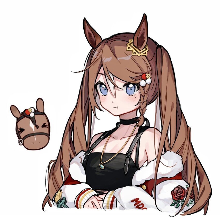 >_<, animal_ears, blue_eyes, blush, breasts, collarbone, commentary_request, creature_and_personification