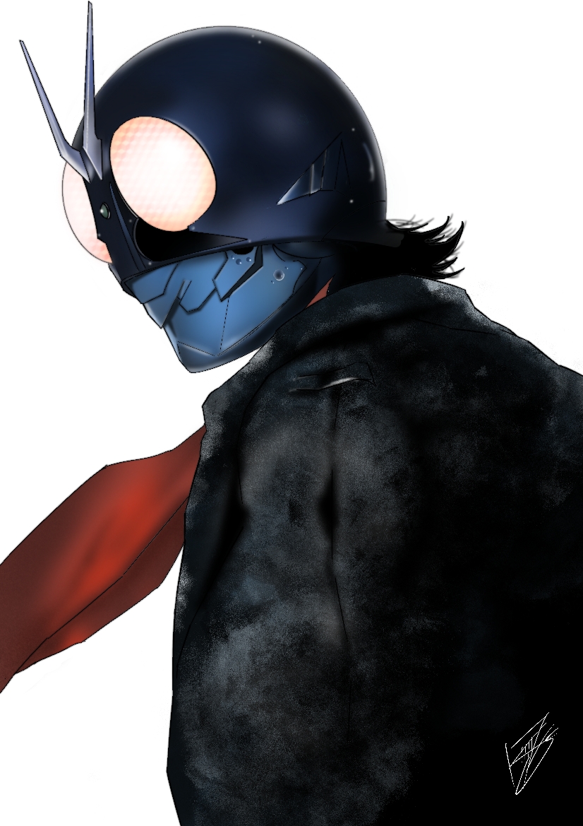 1boy, black_coat, black_hair, coat, commentary_request, compound_eyes, kamen_rider, kamen_rider_1