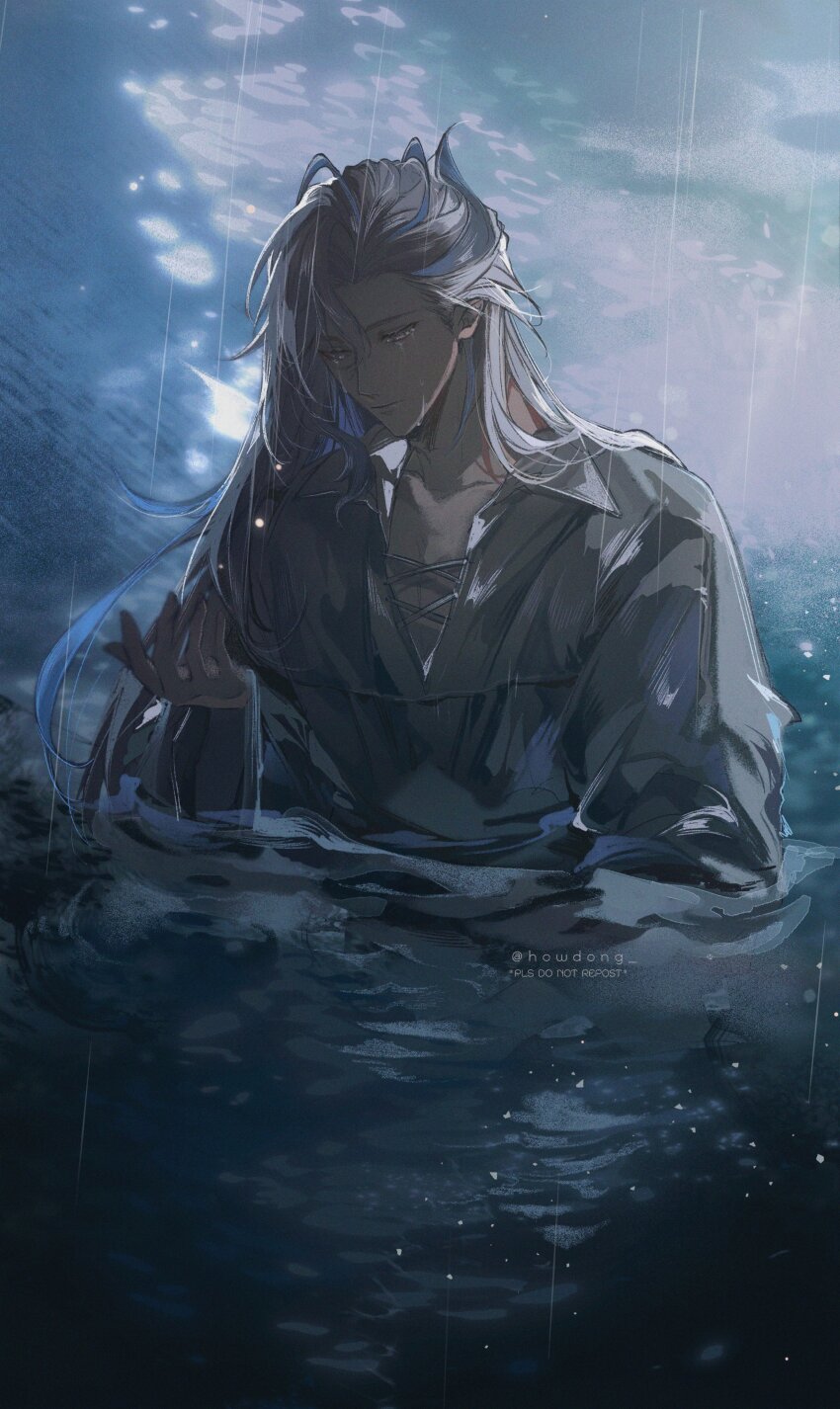 1boy, absurdres, artist_name, asymmetrical_bangs, blue_hair, closed_mouth, collarbone, collared_shirt