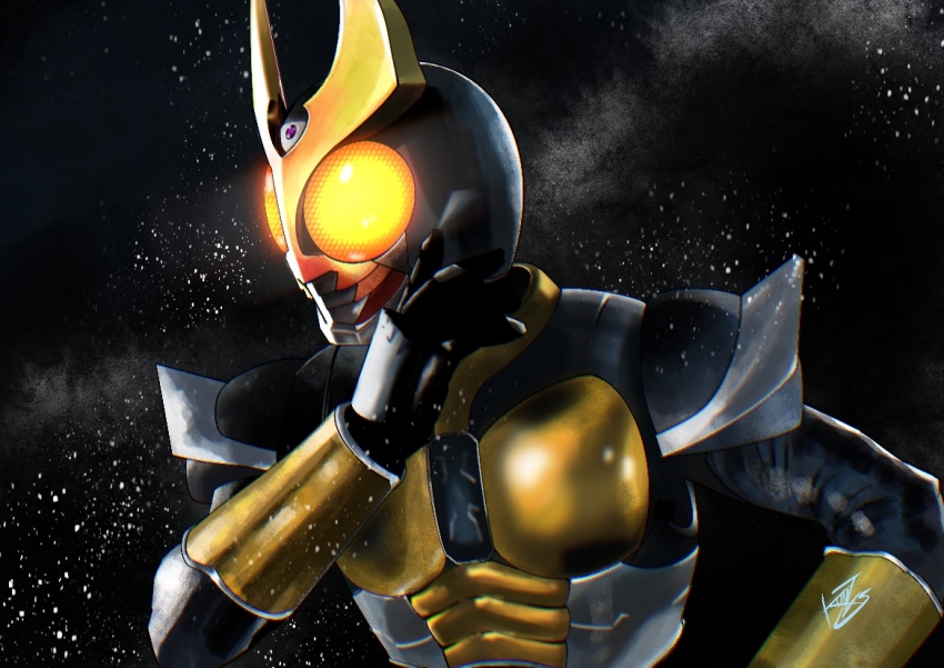1boy, agito_(ground_form), armor, black_background, breastplate, commentary_request, compound_eyes, facing_ahead