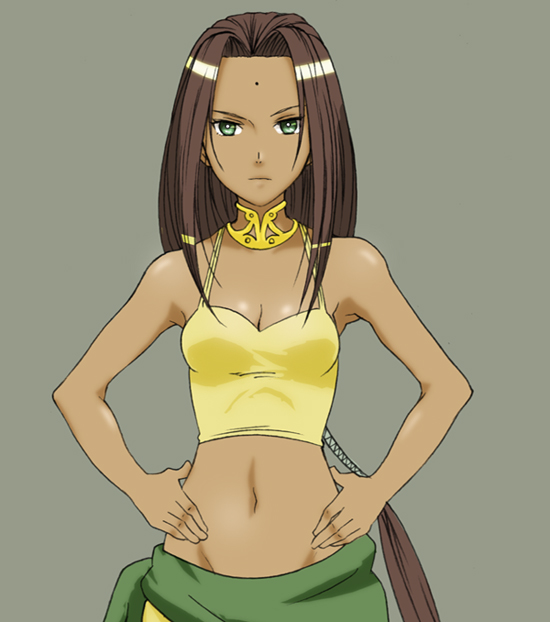 1girl, arc_the_lad, arc_the_lad_ii, breasts, brown_hair, female_focus, green_eyes, hands_on_own_hips, hosi, long_hair, midriff, sania, simple_background, solo, tan, tank_top