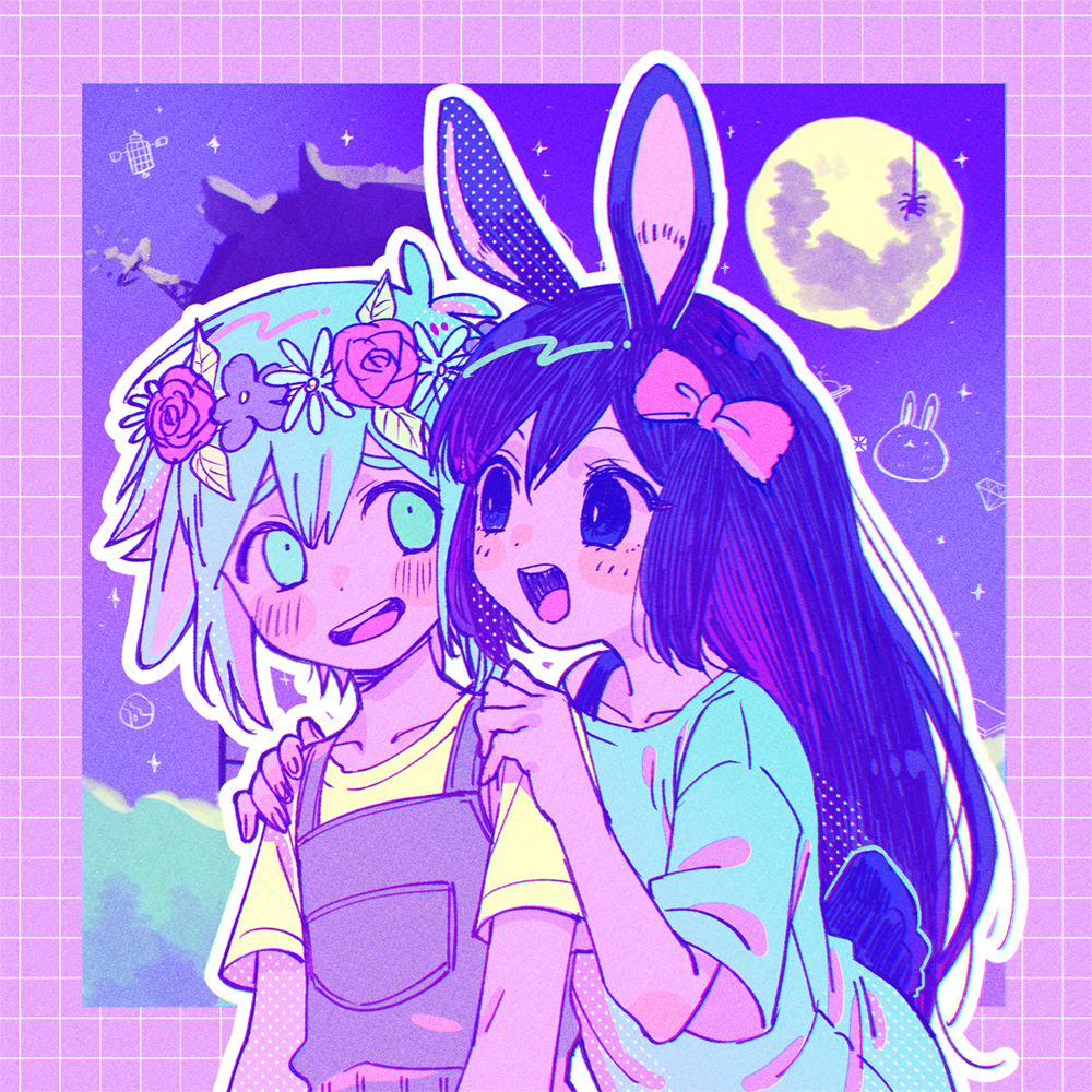 1boy, 1girl, :d, animal_ears, aubrey_(headspace)_(omori), aubrey_(omori), basil_(headspace)_(omori), basil_(omori)