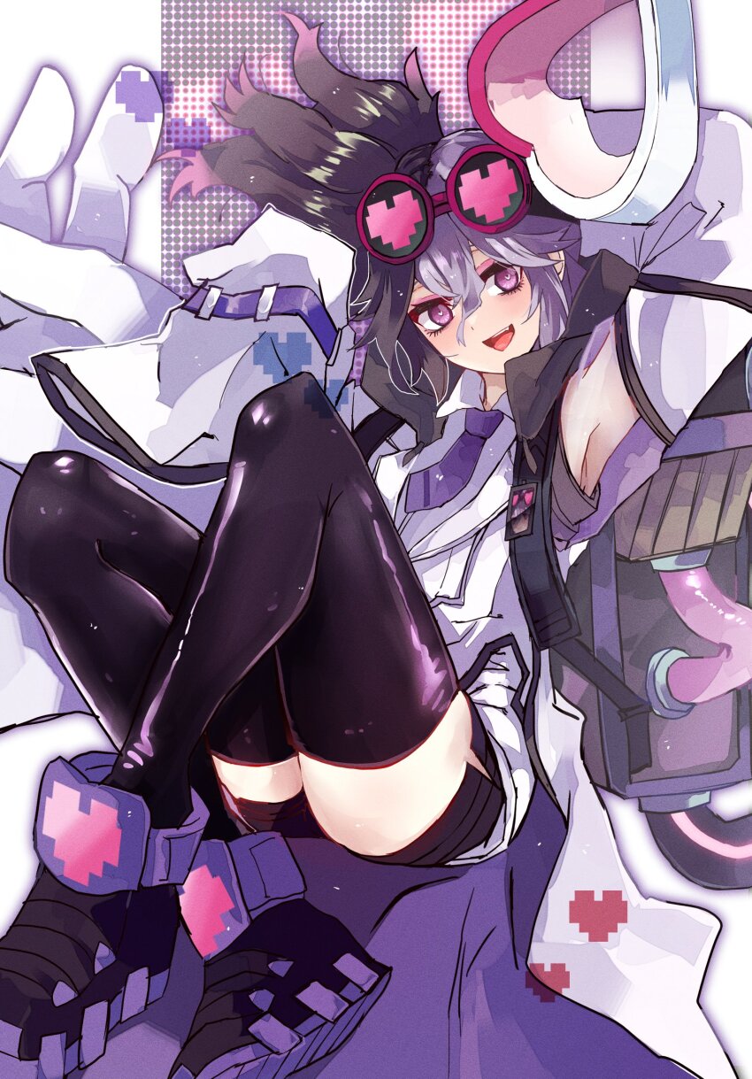 1girl, arm_behind_head, backpack, bag, brown_hair, colored_tips, crossed_ankles, duel_monster