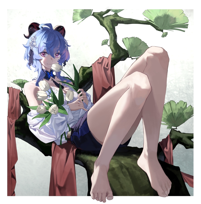 1girl, absurdres, ahoge, baiyinzhideng, bare_legs, black_shorts, blue_hair, border