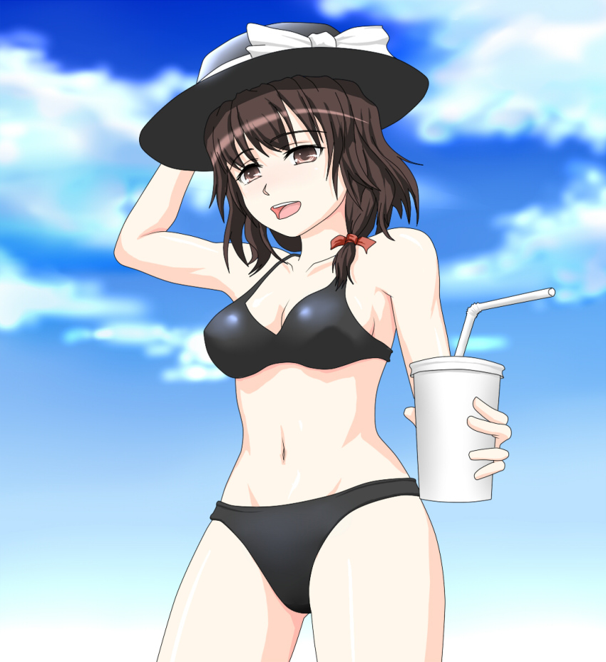 1girl, asatsuyu, bad_id, bad_pixiv_id, bare_shoulders, bikini, bow, breasts, brown_eyes, brown_hair, cleavage, cup, female_focus, hair_ribbon, hand_on_headwear, hat, highres, ishicoro, navel, ribbon, short_hair, solo, swimsuit, touhou, usami_renko
