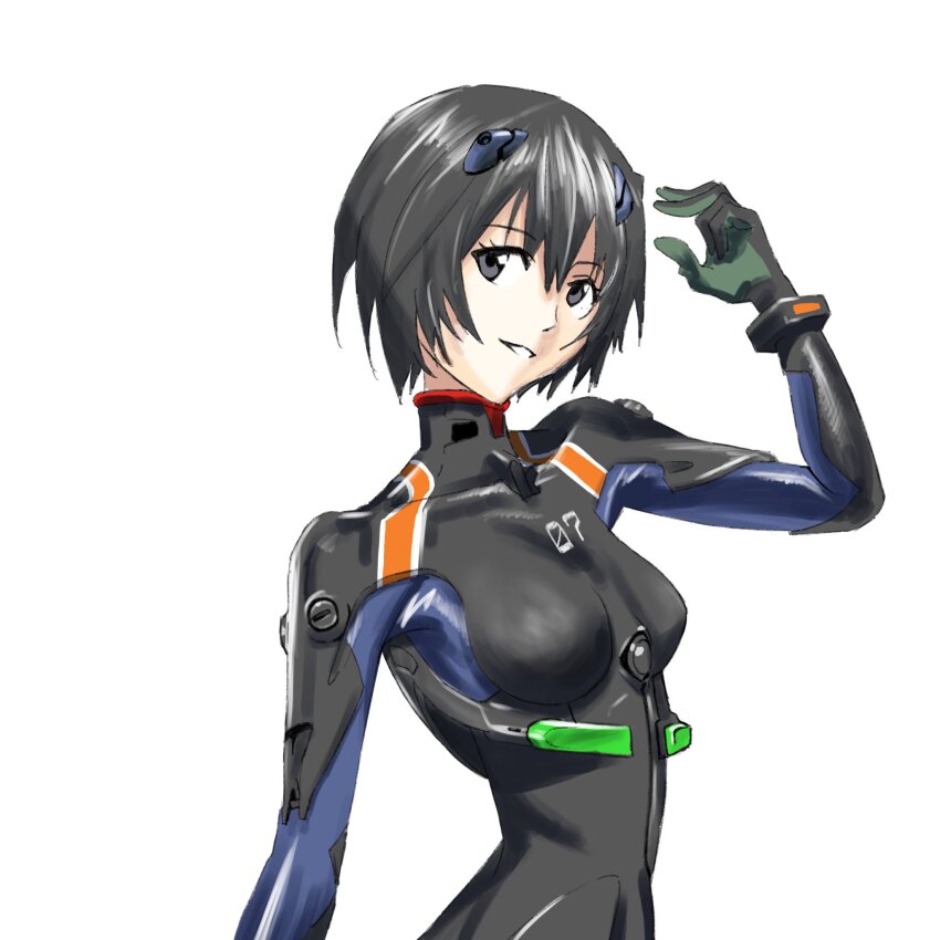 1girl, amagami, arm_at_side, ayanami_rei, ayanami_rei_(cosplay), black_bodysuit, black_eyes, black_hair