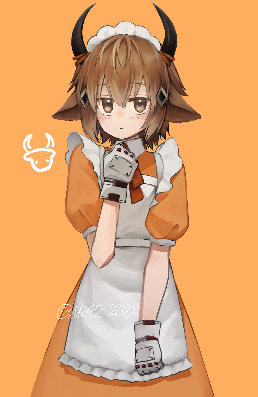 1boy, :<, alternate_costume, animal_ears, apron, arknights, artist_name, bison_(arknights)