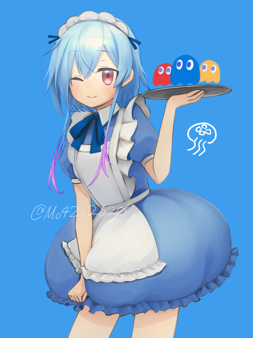 1boy, alternate_costume, apron, arknights, artist_name, blinky_(pac-man), blue_background, blue_dress