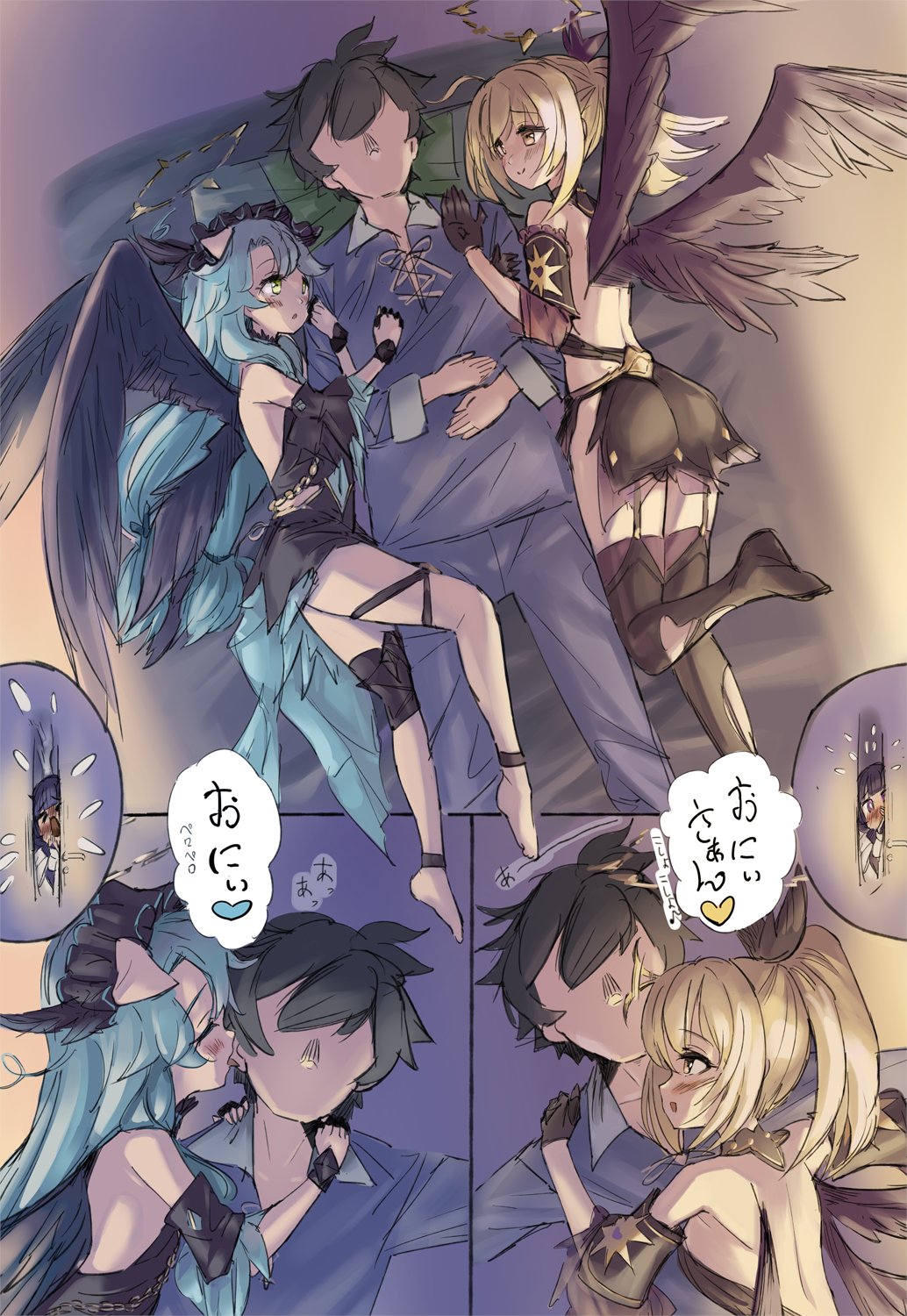 1boy, 3girls, alternate_costume, asalilysuke, bed, black_hair, blonde_hair, blush, clear_(fallen)_(princess_connect!), commentary_request, ear_licking, faceless, faceless_male, green_eyes, green_hair, highres, leg_up, licking, long_hair, medium_hair, multiple_girls, peeking_out, pillow, ponytail, precia_(fallen)_(princess_connect!), precia_(princess_connect!), princess_connect!, clear_(princess_connect!), lily_(princess_connect!), sleeping, smile, thighhighs, translation_request, wings, yuuki_(princess_connect!)