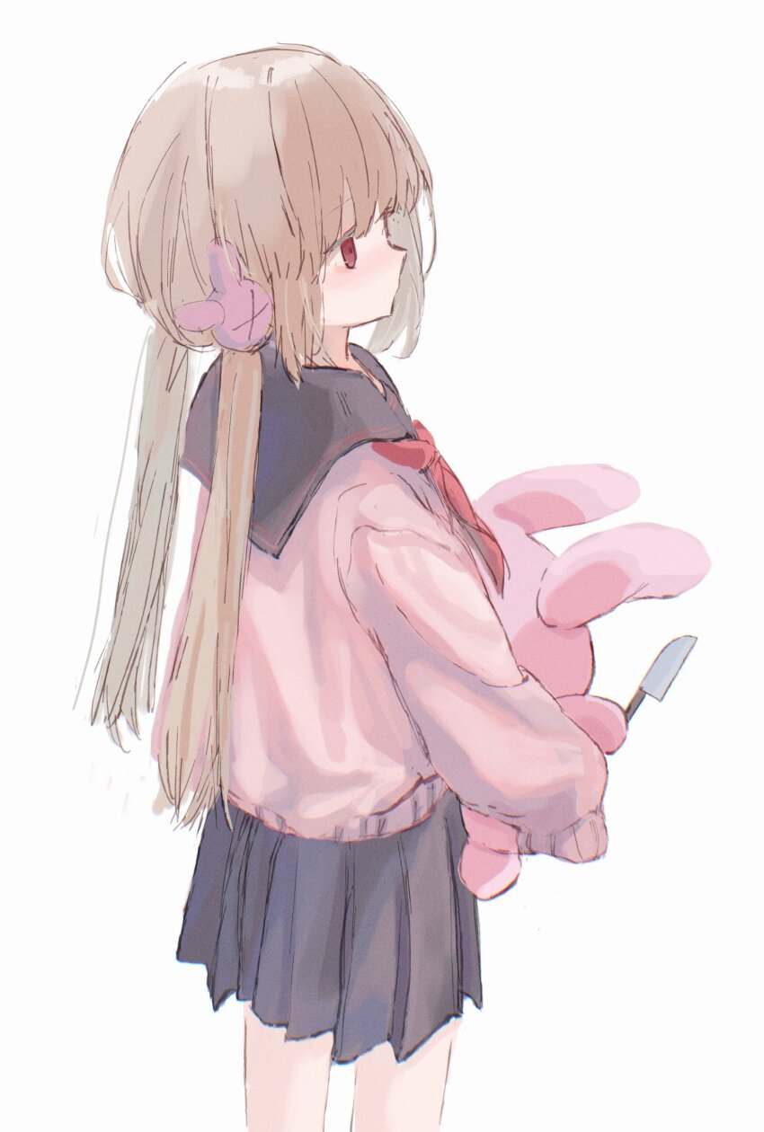 >_<, 1girl, absurdres, black_sailor_collar, black_skirt, blonde_hair, cardigan, chimoshi_(hitsuji_tonakai), cowboy_shot, expressionless, hair_ornament, hashtag-only_commentary, highres, holding, holding_knife, holding_stuffed_toy, knife, long_hair, long_sleeves, looking_ahead, low_twintails, natori_sana, natori_sana_(school_uniform), neckerchief, official_alternate_costume, pink_cardigan, pleated_skirt, rabbit_hair_ornament, red_eyes, red_neckerchief, sailor_collar, sana_channel, simple_background, skirt, sleeves_past_fingers, sleeves_past_wrists, solo, standing, stuffed_animal, stuffed_rabbit, stuffed_toy, twintails, virtual_youtuber, white_background
