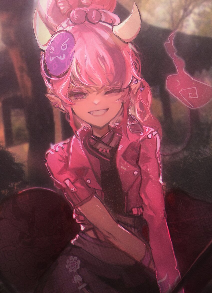 1girl, absurdres, cropped_jacket, demon_girl, demon_horns, gloves, highres, horns, ironmouse, ironmouse_(yokai_hunter), jacket, japanese_clothes, kimono, long_hair, looking_at_viewer, making-of_available, multicolored_hair, one_eye_closed, pink_hair, pink_jacket, pointy_ears, purple_eyes, purple_gloves, purple_hair, purple_kimono, purple_skirt, skirt, smile, solo, spiked_jacket, streaked_hair, taku_artworks, virtual_youtuber, vshojo, will-o'-the-wisp_(mythology)