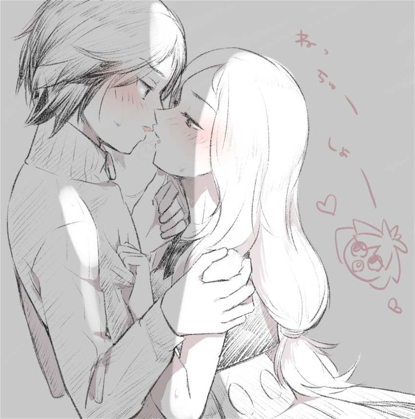 1boy, 1girl, blush, calem_(pokemon), face-to-face, gen_2_pokemon, greyscale, hand_on_another's_chin