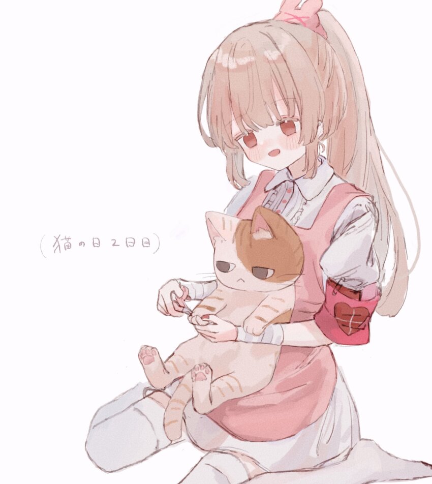 1girl, :<, :d, animal, animal_on_lap, apron, blonde_hair, blush