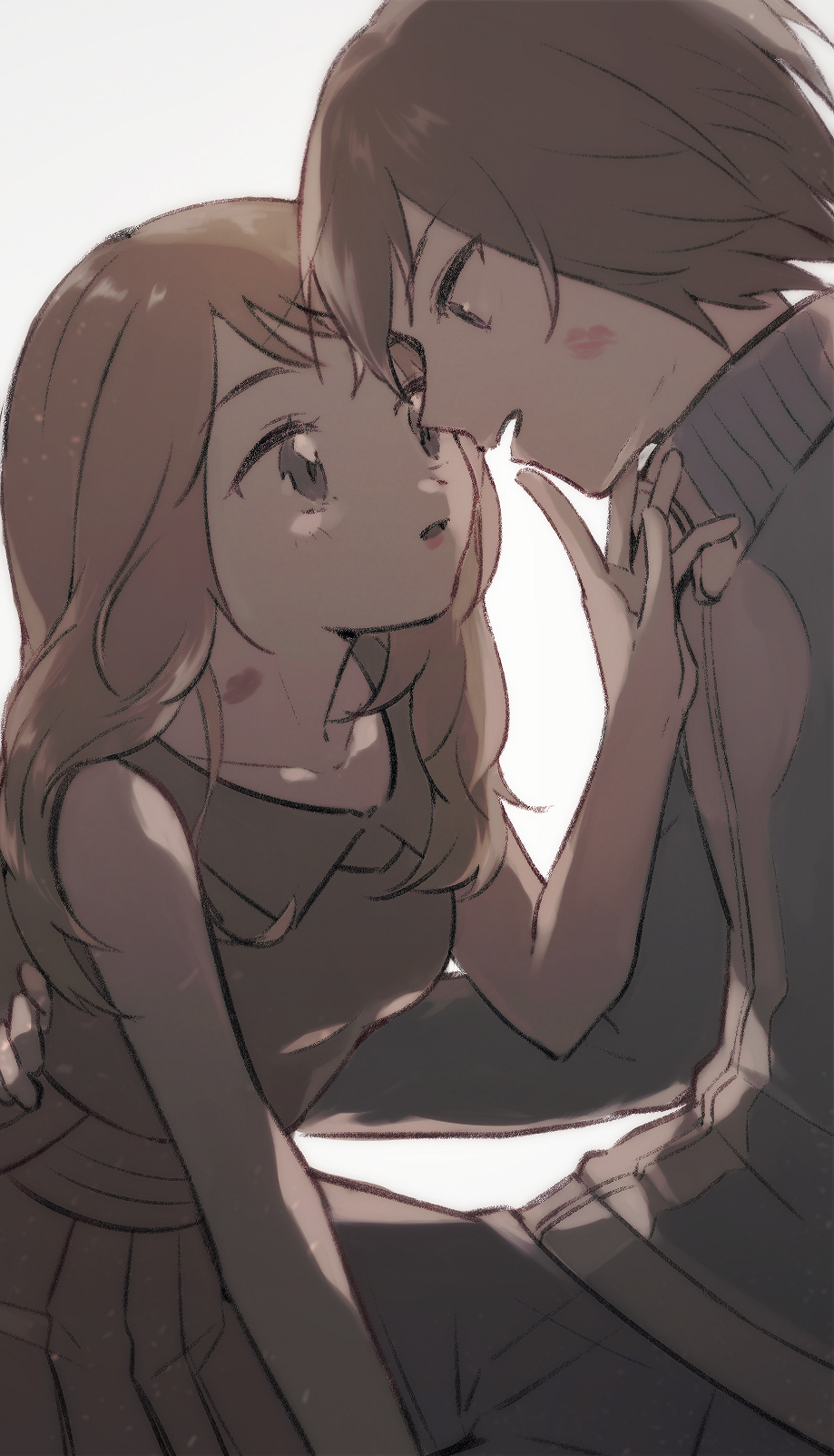 1boy, 1girl, black_hair, blue_jacket, calem_(pokemon), collarbone, finger_to_another's_mouth, grey_background