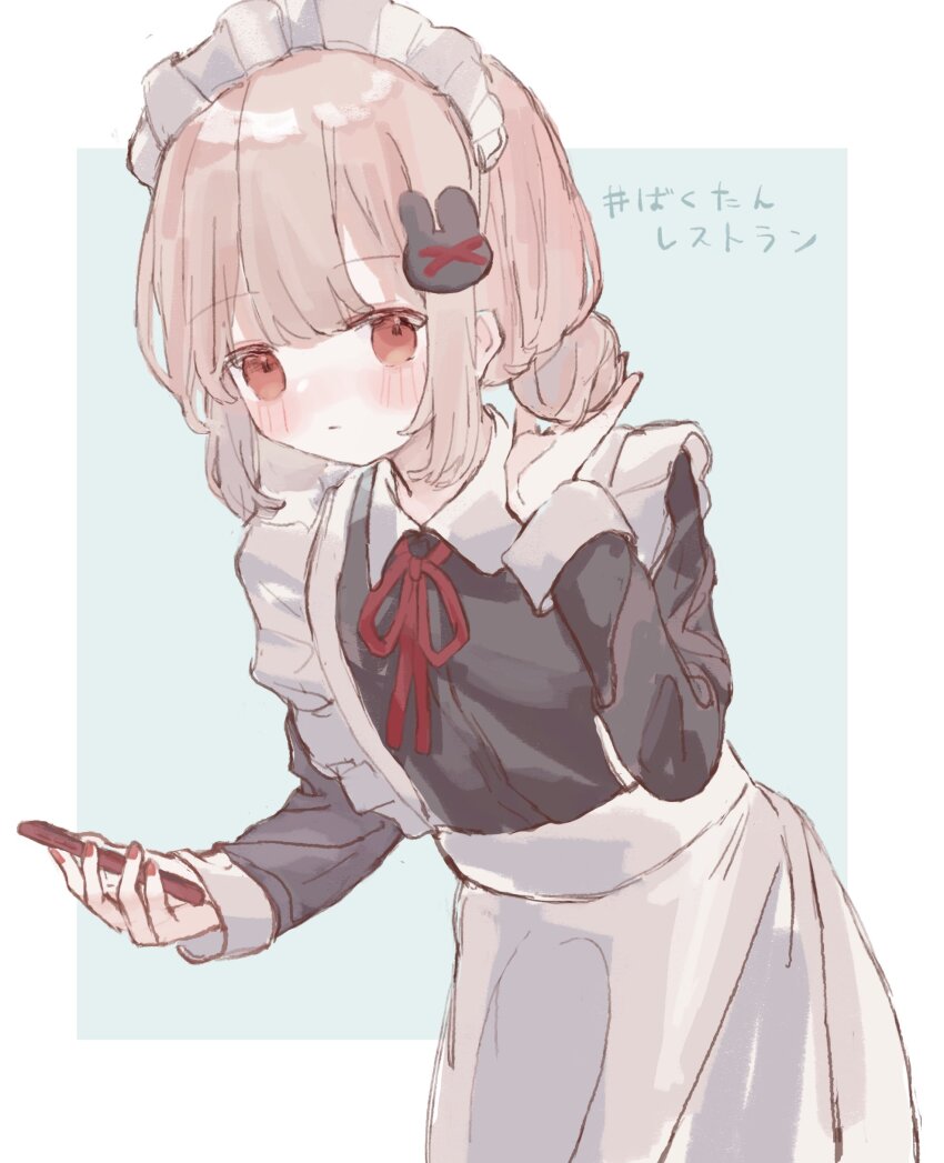 >_<, 1girl, absurdres, apron, black_dress, blonde_hair, blush, brown_eyes