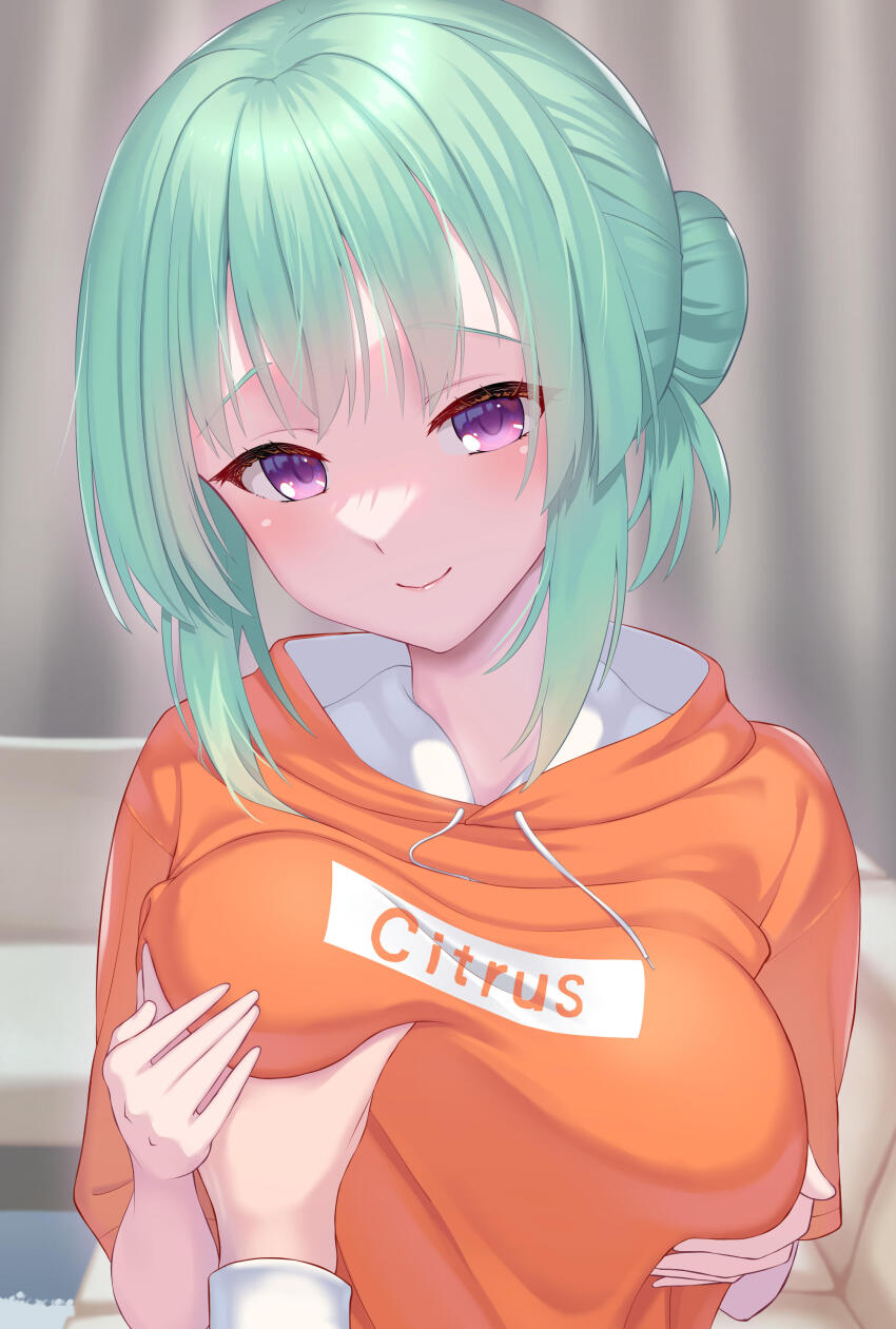 1boy, 1girl, absurdres, blush, breasts, casual, closed_mouth, clothes_writing