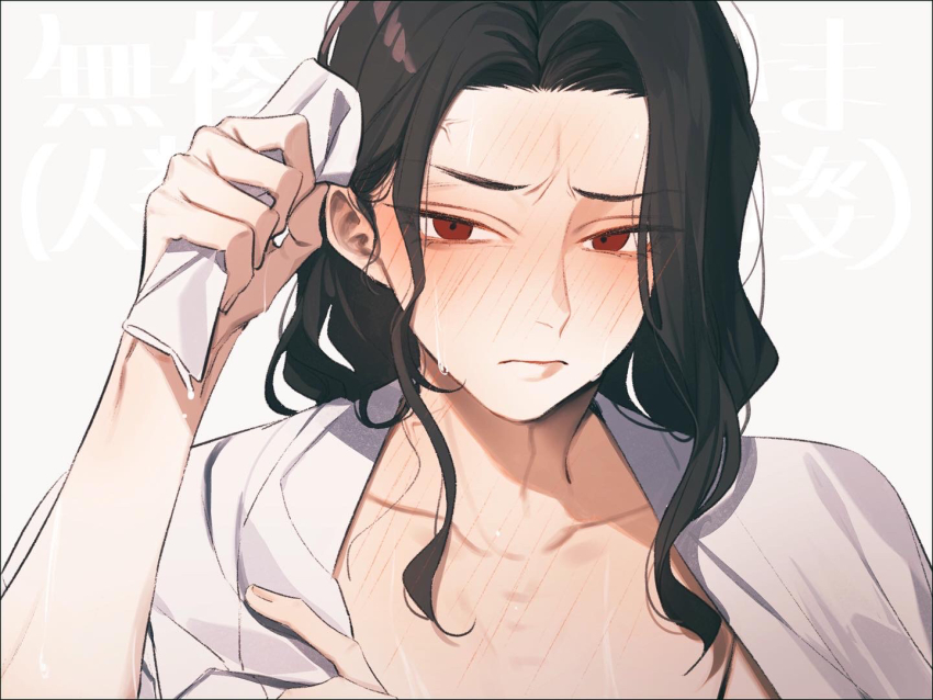 1boy, anger_vein, black_hair, blush, cloak, closed_mouth, collarbone, fever