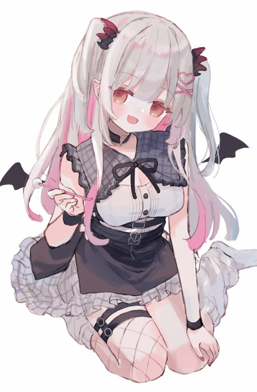 1girl, :d, belt, black_belt, black_collar, black_skirt, black_wings, blush, bracelet, breasts, brown_eyes, chimoshi_(hitsuji_tonakai), cleavage, collar, collared_shirt, colored_inner_hair, commentary_request, demon_girl, demon_wings, fang, fishnet_thighhighs, fishnets, frilled_skirt, frills, full_body, grey_hair, grey_shirt, hair_ornament, hand_on_own_knee, heart, heart_collar, heart_hair_ornament, highres, holding, indie_virtual_youtuber, jewelry, large_breasts, long_hair, looking_at_viewer, loose_socks, mimikaki, multicolored_hair, official_alternate_costume, open_mouth, pink_hair, shirt, simple_background, sitting, skin_fang, skirt, smile, socks, solo, suou_patra, suou_patra_(9th_costume), thigh_strap, thighhighs, two_side_up, virtual_youtuber, white_background, white_socks, wings, x_hair_ornament