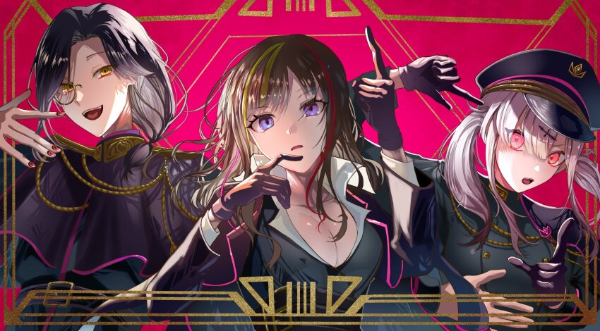 1boy, 2girls, :d, :o, aiguillette, aohitsugi_nemu, aohitsugi_nemu_(cosplay), belt, belt_buckle, black_belt, black_capelet, black_coat, black_gloves, black_hair, black_headwear, blue_jacket, breasts, buckle, buttons, capelet, cleavage, coat, coat_on_shoulders, cosplay, double-breasted, finger_to_head, finger_to_mouth, gloves, hair_between_eyes, hair_ornament, hairclip, hand_up, hat, hayase_sou, head_tilt, highres, hypnosis_mic, index_finger_raised, jacket, kadenokoji_ichijiku, kadenokoji_ichijiku_(cosplay), large_breasts, long_hair, long_sleeves, looking_at_viewer, low_ponytail, medium_hair, mole, mole_under_eye, monocle, multicolored_hair, multiple_girls, nail_polish, nijisanji, open_mouth, parted_bangs, parted_lips, peaked_cap, pink_eyes, pointing, pointing_at_viewer, ponytail, popped_collar, purple_eyes, red_background, red_hair, red_nails, shellin_burgundy, shirt, sidelocks, smile, streaked_hair, sukoya_kana, teeth, tohoten_otome, tohoten_otome_(cosplay), tulip-gumi_(nijisanji), twintails, upper_body, upper_teeth_only, virtual_youtuber, white_hair, white_shirt, wispy_bangs, yamagishi-sota, yellow_eyes