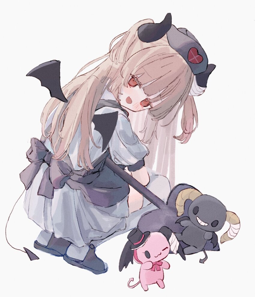 1girl, alternate_color, apron, bandaged_horn, berry_(sanrio), black_apron, black_footwear, black_horns