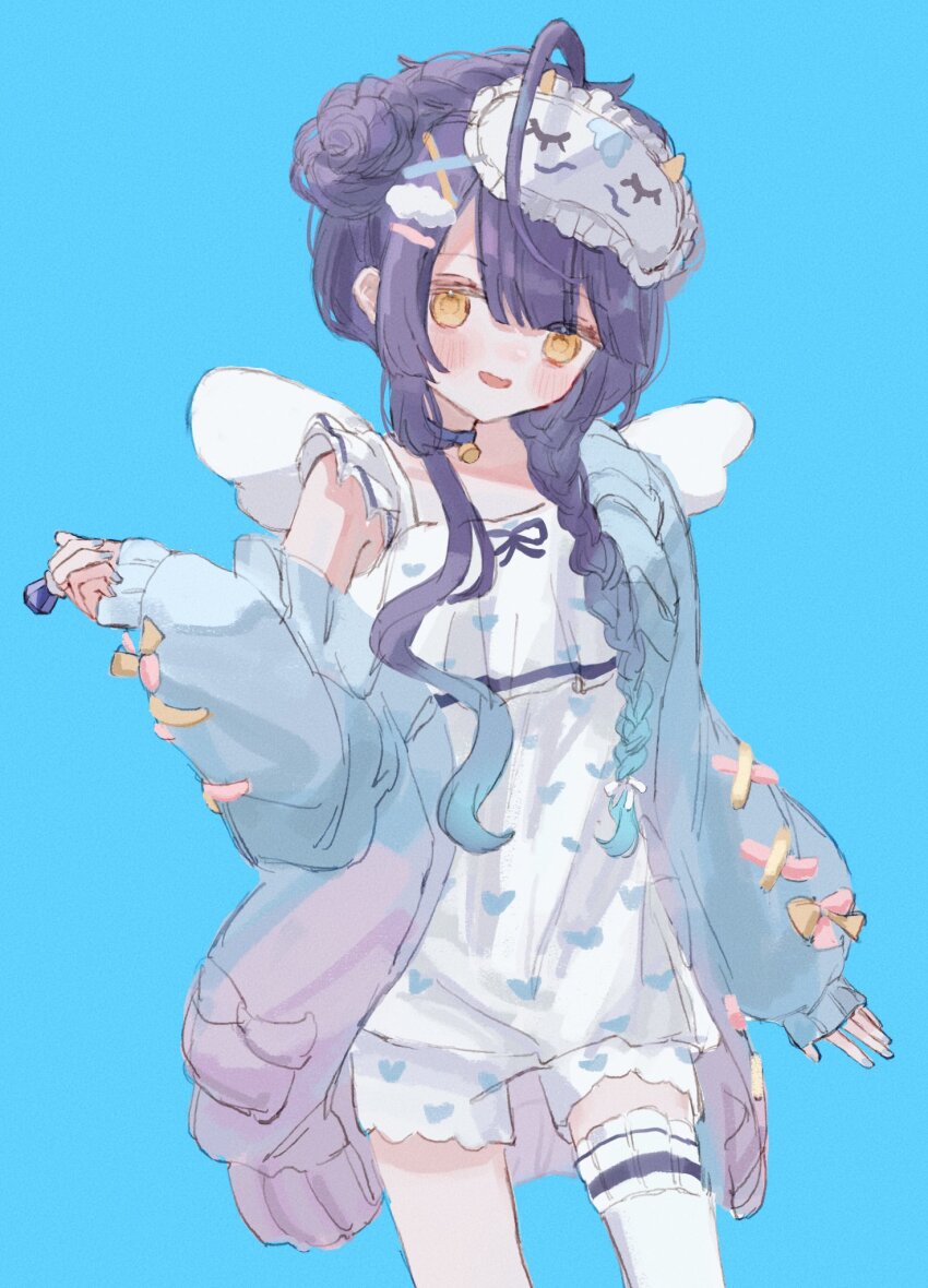 1girl, :d, amamiya_kokoro, blue_background, blue_cardigan, blue_choker, blue_hair, blunt_bangs