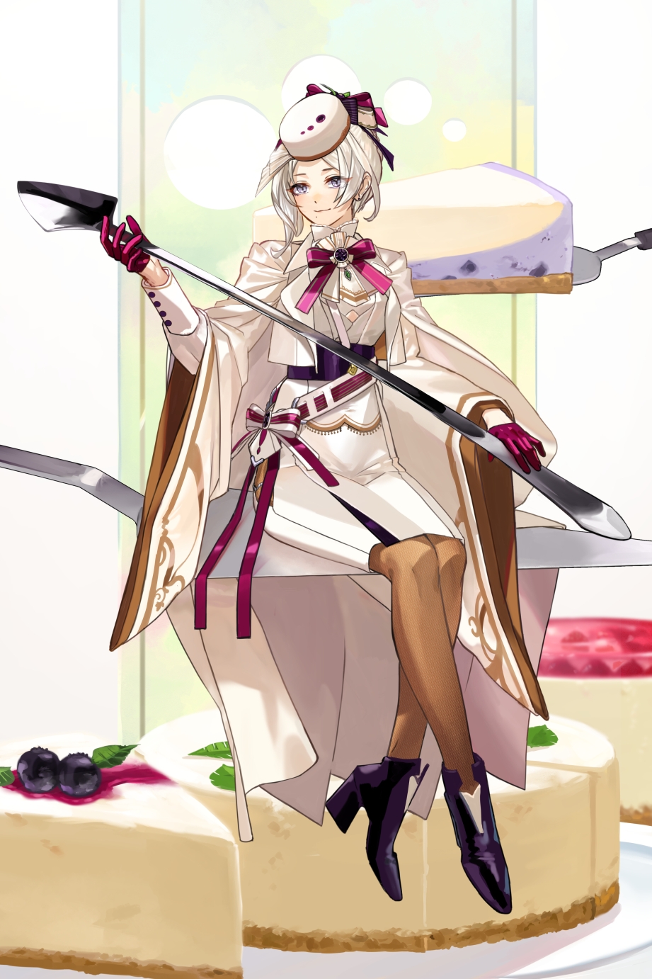 1girl, ankle_boots, ascot, asymmetrical_sidelocks, black_boots, blueberry, boots, bow, bowtie, braid, braided_bun, brown_pantyhose, cake, cake_slice, cake_slicer, cape, cheesecake, closed_mouth, cropped_jacket, crossed_ankles, food, food-themed_hat, fruit, full_body, garnish, gloves, hair_bow, hair_bun, half_gloves, high-waist_skirt, high_heel_boots, high_heels, highres, holding, holding_spoon, jacket, looking_at_viewer, mole, mole_under_mouth, n-bata, original, oversized_object, pantyhose, parted_bangs, pencil_skirt, personification, pillbox_hat, pink_bow, pink_bowtie, purple_eyes, rare_cheesecake, red_bow, red_gloves, red_ribbon, ribbon, shirt, sidelocks, single_hair_bun, sitting, skirt, smile, solo, spoon, two-tone_bow, vest, waist_bow, white_ascot, white_bow, white_cape, white_hair, white_headwear, white_jacket, white_shirt, white_skirt, white_vest, wide_sleeves