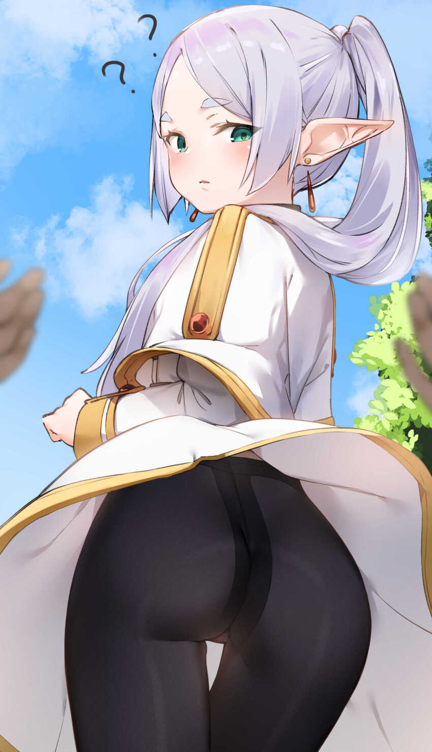 1girl, ?, ??, absurdres, ass, black_pantyhose, capelet, closed_mouth, clothes_lift, cowboy_shot, dress, dress_lift, earrings, elf, floating_earrings, frieren, green_eyes, highres, jewelry, looking_at_viewer, looking_back, no_panties, outdoors, pantyhose, parted_bangs, pointy_ears, pov, pov_hands, sky, solo_focus, sousou_no_frieren, twintails, upskirt, white_capelet, white_dress, white_hair, yuyuripo