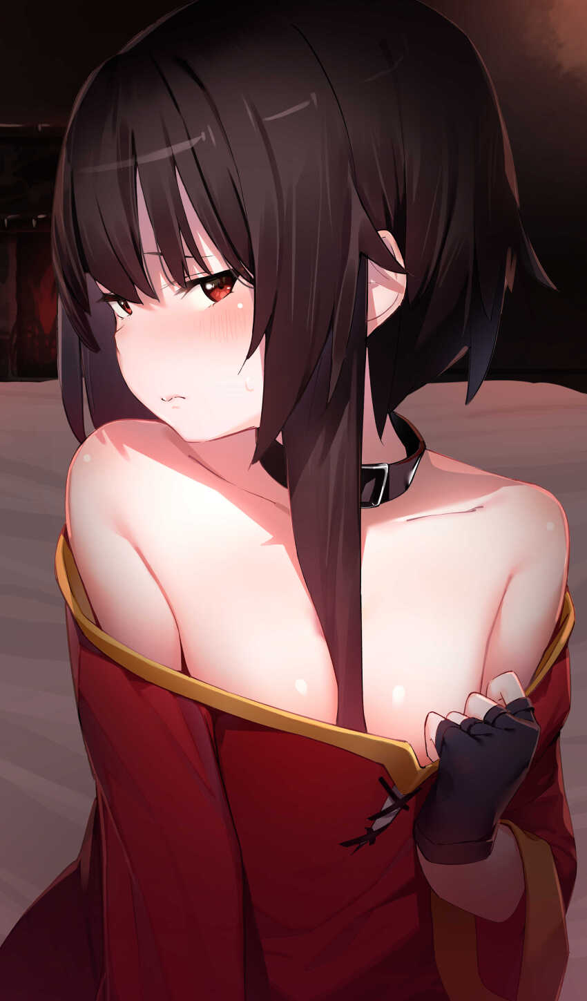 1girl, absurdres, bare_shoulders, bed_sheet, black_choker, black_gloves, blush, breasts, choker, closed_mouth, clothes_pull, collarbone, dress, dress_pull, fingerless_gloves, gloves, highres, kono_subarashii_sekai_ni_shukufuku_wo!, looking_at_viewer, megumin, off-shoulder_dress, off_shoulder, profile, red_dress, red_eyes, short_hair_with_long_locks, small_breasts, solo, upper_body, yuyuripo