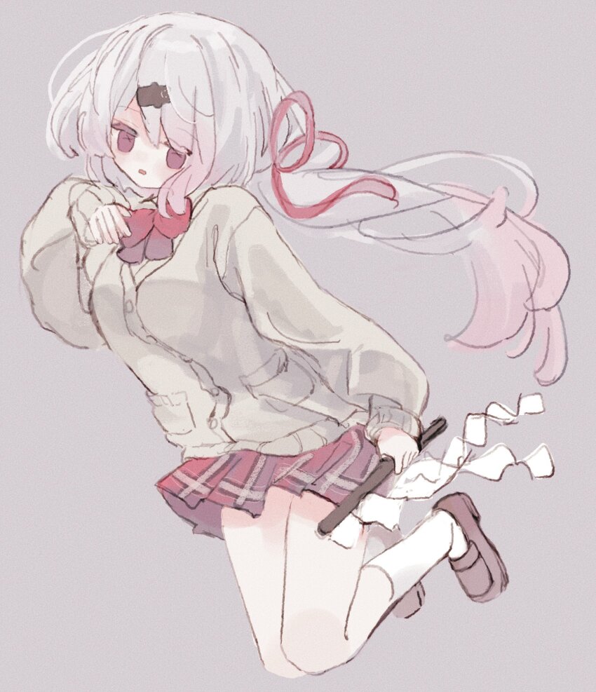 1girl, bow, brown_shoes, cardigan, chimoshi_(hitsuji_tonakai), commentary_request, floating, full_body