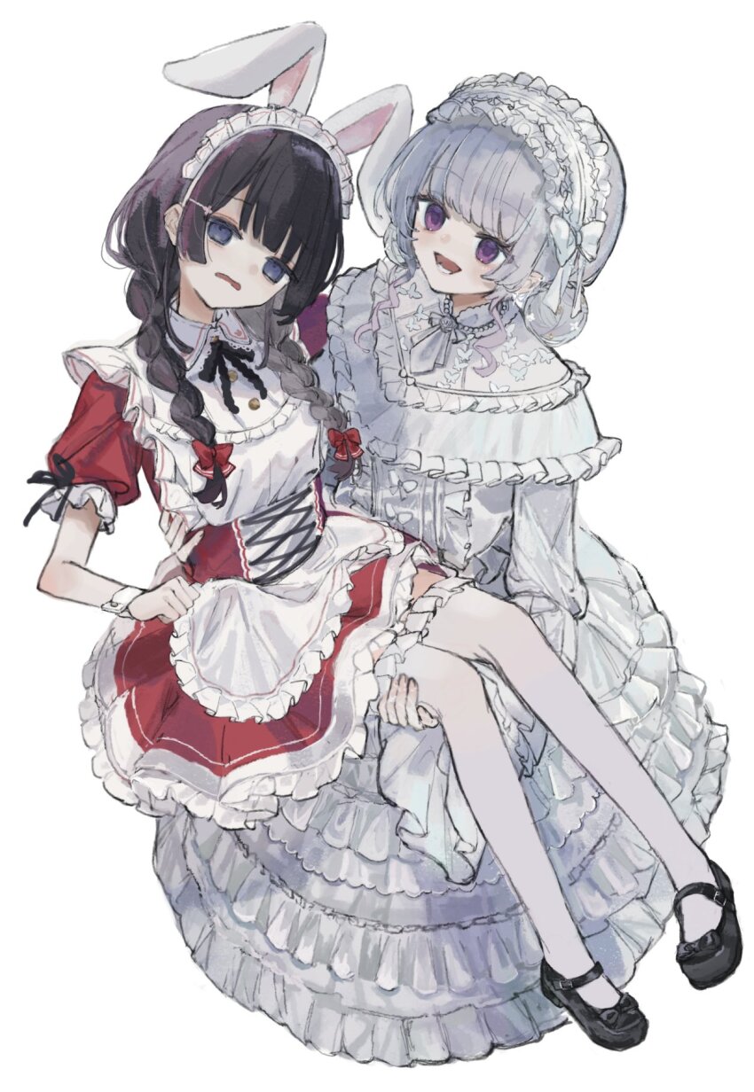 2girls, animal_ears, apron, black_footwear, black_hair, blue_eyes, blunt_bangs, bow