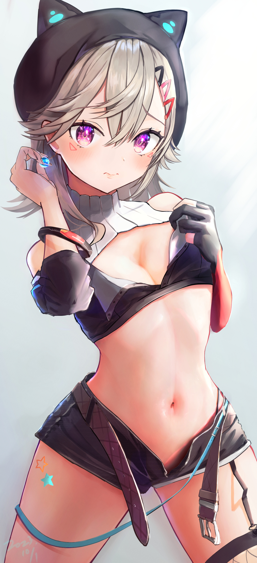 1girl, absurdres, bare_shoulders, belt, black_tube_top, blue_belt, breasts, brown_belt, cleavage, collared_shirt, commentary_request, cowboy_shot, crop_top, dated, elbow_gloves, embarrassed, facial_mark, fishnet_thighhighs, fishnets, gloves, gradient_background, hat, hat_with_ears, highres, komori_met, looking_at_viewer, midriff, naikon, navel, open_belt, open_clothes, open_shirt, open_shorts, planet_earrings, ribbed_shirt, shirt, shorts, single_glove, single_thighhigh, sleeveless, sleeveless_shirt, small_breasts, solo, spread_legs, standing, star_(symbol), stomach, strapless, thighhighs, triangle, triangle_facial_mark, tube_top, virtual_youtuber, vspo!