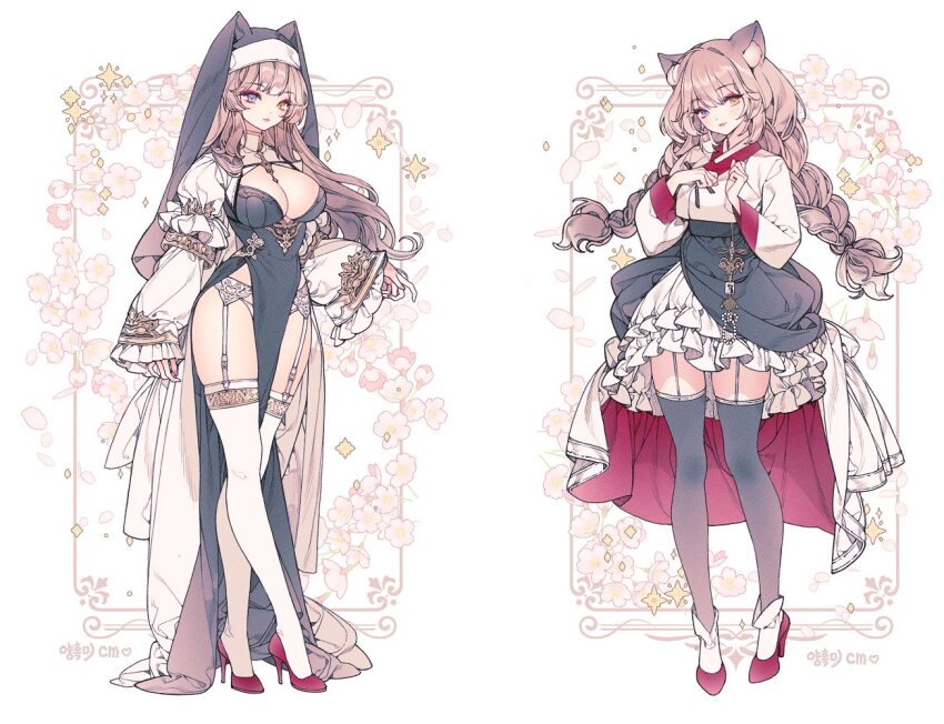 2girls, animal_ears, black_dress, black_headwear, black_skirt, black_thighhighs, blue_eyes, blunt_bangs