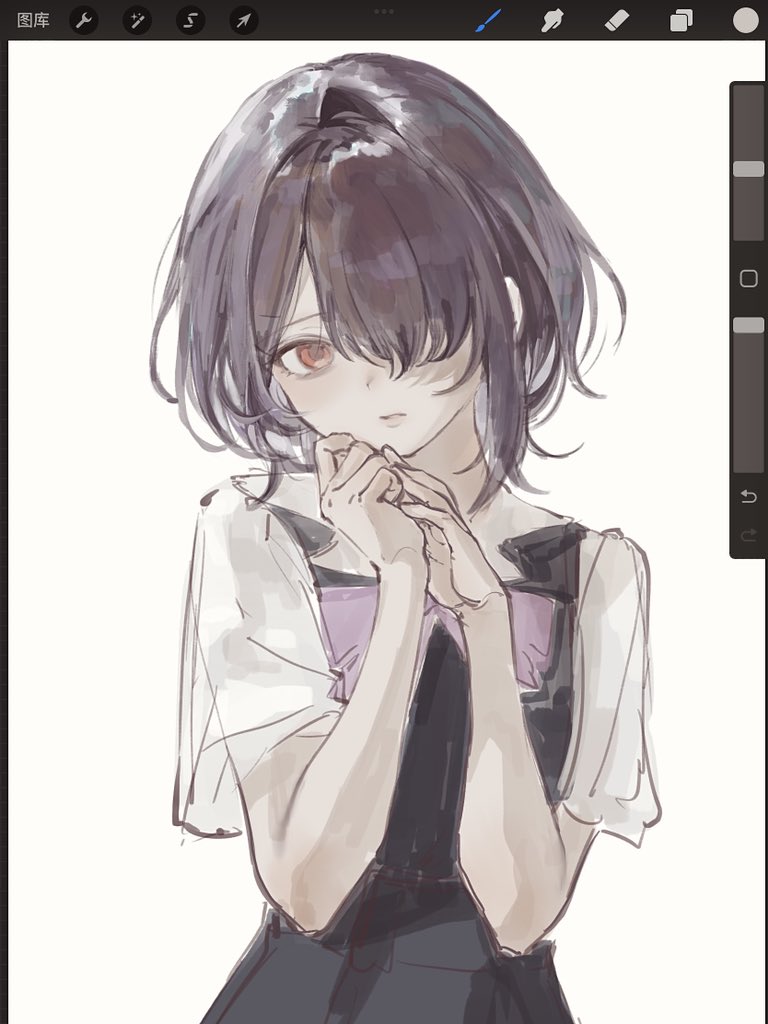 1girl, art_program_in_frame, black_hair, giraffe_three, hair_between_eyes, hair_over_one_eye, light_blush, looking_at_viewer